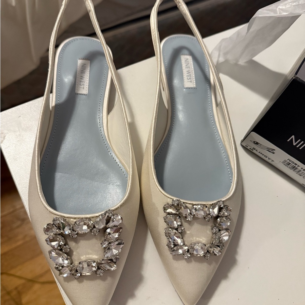 Nine West Cream Jeweled Pointed Slingback Flats